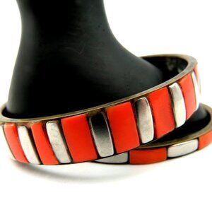Retro‎ Bracelets Orange Silver Tone Orange Enamel Metal Bangle Set of 2